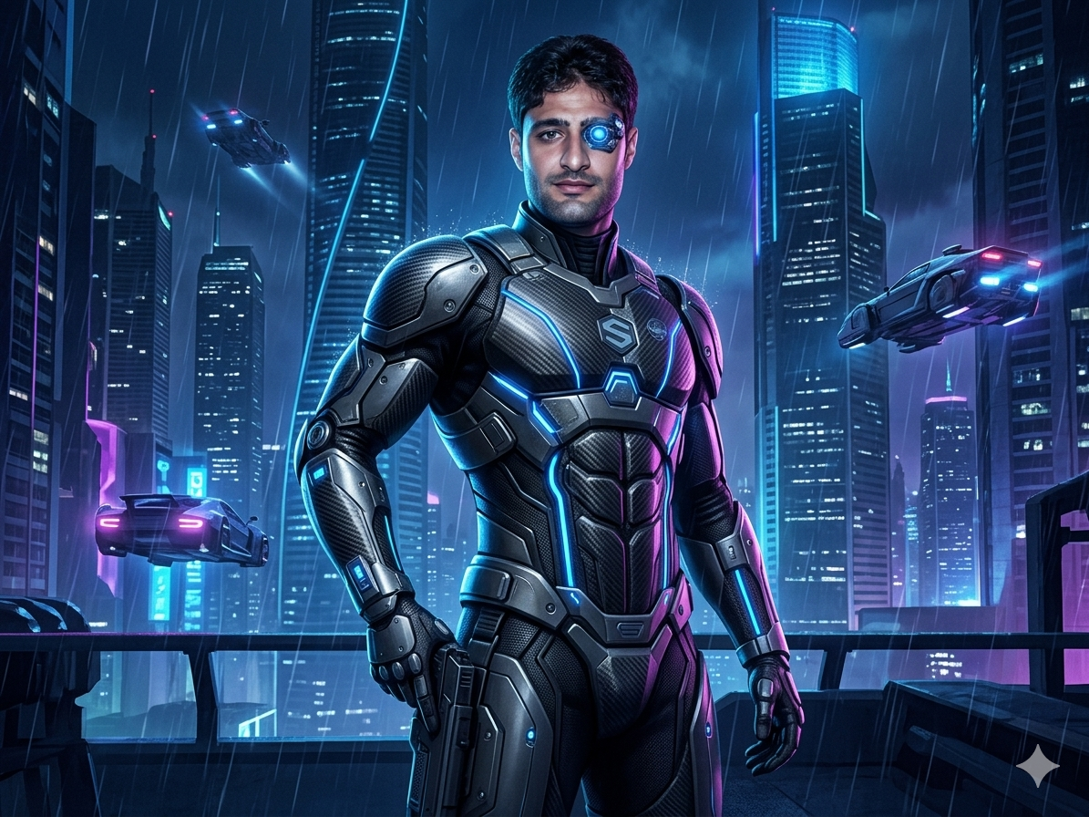 A cinematic scifi portrait photograph featuring the man from the attached reference image, Use the exact facial identity, hair, and beard from the reference photo with maximum preservation. Maintain the specific jawline, eyes, and skin texture of the subject. No facial modifications, or structural changes, only use little beauty filter , transformed into a powerful cyborg superhero. He is in a sprawling, futuristic metropolis at night, with towering skyscrapers, advanced flying vehicles, and countless neon blue and purple light sources. He is wearing a sophisticated, multi-layered exosuit made of integrated carbon fiber, gunmetal plates, and luminous blue energy conduits, with a subtle 'S' emblem on his chest. His cybernetic eye glow blue. One hand rests on a weapon holster. The expression is confident and heroic. Rain streaks across the scene. Background: detailed, high-tech scifi cityscape with glowing architecture. Composition: 3/4 pose, dynamic low angle, rich colors, deep shadows, incredible detail, hyperrealistic, high-resolution. By Vitaly Bulgarov and Beeple. (Face and beard are strictly preserved from the attached image)