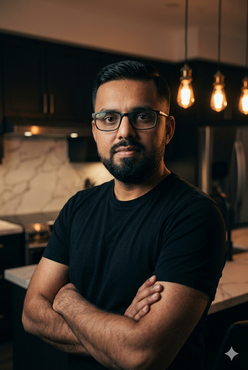 Identity & Preservation: Use the exact facial identity, hair, and beard from the reference photo with maximum preservation. Maintain the specific jawline, eyes, and skin texture of the subject. No facial modifications, beauty filters, or structural changes.
Scene & Subject: A cinematic medium close-up of the man from the reference image, standing in a modern kitchen with arms crossed. The body is turned slightly to the side while the head is turned to look directly at the camera with a calm, confident expression. He is wearing a high-quality, slim-fit plain black crew-neck t-shirt and a subtle stud earring.
Setting & Lighting: Modern kitchen interior with dark upper cabinets and a marble backsplash with grey veining. Low-key, dramatic lighting with warm Edison bulb pendant lights casting moody ambient glows. Strong side-lighting creates deep, artistic shadows and high contrast on the subject’s face and arms. Stainless steel appliances are visible but softly blurred in the background.
Style & Composition: Photorealistic lifestyle editorial aesthetic. Shot on a 50mm lens at f/1.8 for a shallow depth of field. Subject is in razor-sharp focus against a creamy, blurred background. Cinematic color grading with desaturated tones, deep blacks, and warm tungsten highlights. High-resolution, 8k, natural skin pores, and fabric textures visible.
Negative Prompt: distorted face, altered features, different person, cartoon, CGI, smooth skin, low resolution, blurry eyes, bright lighting, flat colors, commercial look, extra limbs, deformed hands, messy hair.